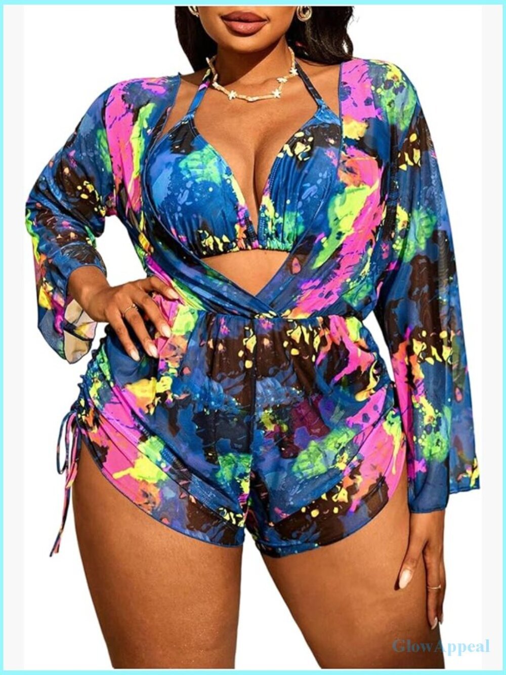 Plus Size 3 Piece Bikini Set Halter Thong Swimsuit with Cover Up Romper